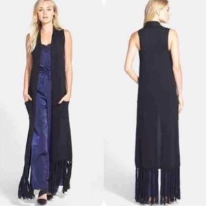 Leith long Black Fringe knit Cardigan Vest